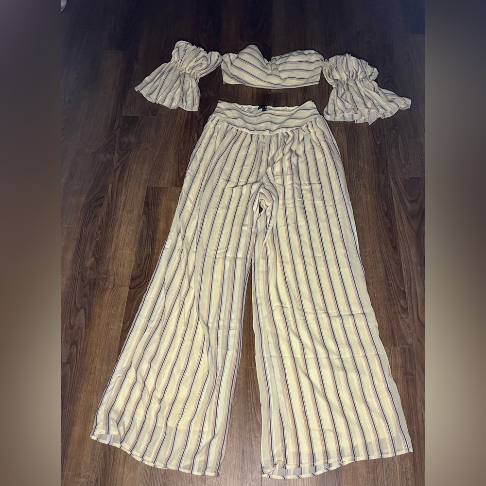 Fashion Nova | Off-the-Shoulder Wide Leg Pant Set | Pastel Yellow | size L